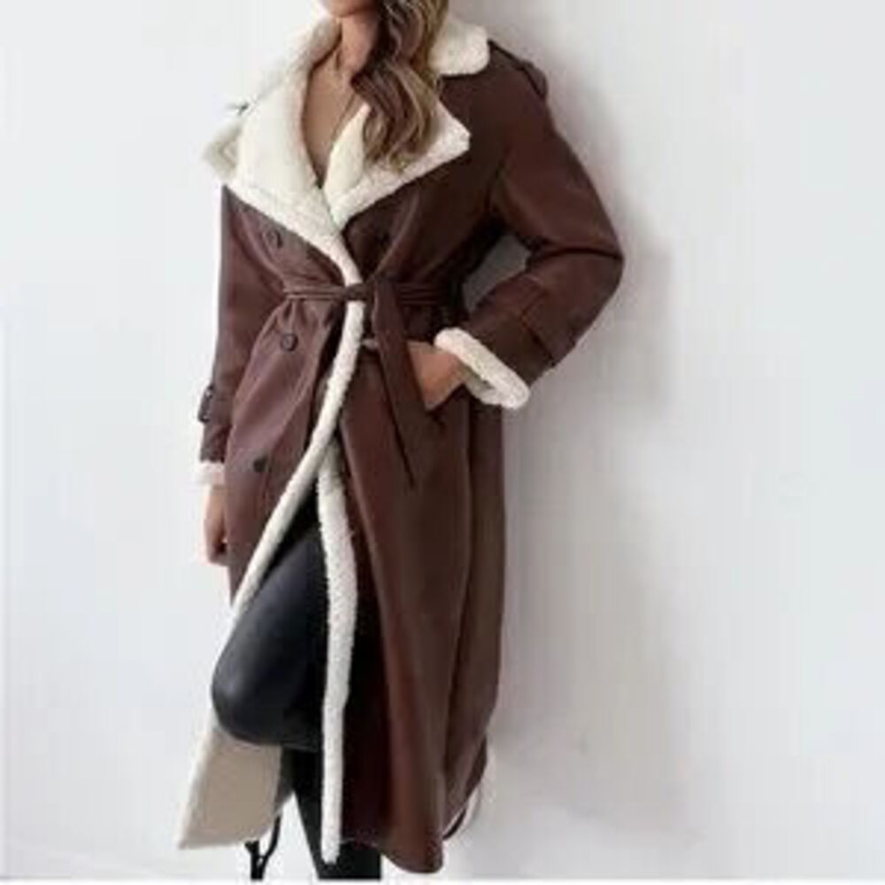 Suede Overcoats Sherpa Lined Womens Winter Coats Trendy Notched Lapel Long Fleec